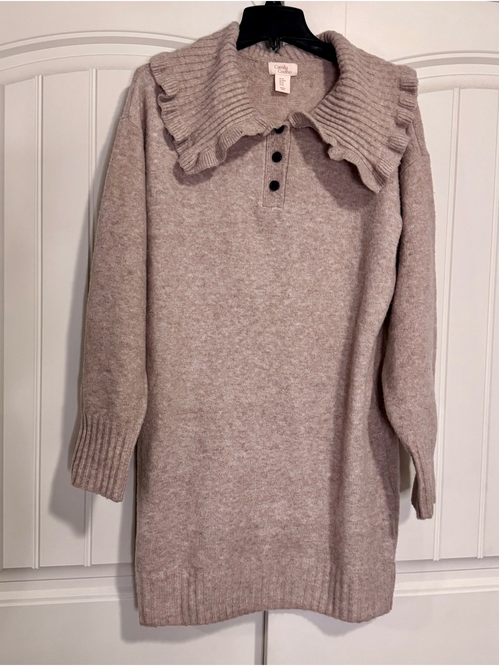 Camila Coelho Taupe Knit Sweater Dress Ruffle Collar Long Sleeve Medium M